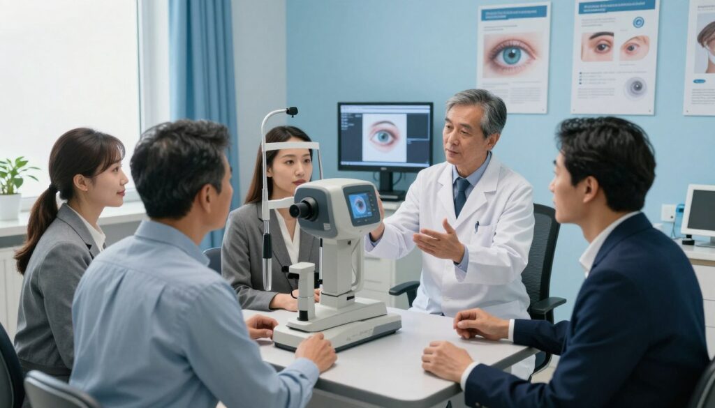 A tranquil ophthalmology clinic scene that conveys the concept of vision rehabilitation. In the foreground, a diverse group of three adults—one man and two women—are engaged in a vision therapy session, all dressed in professional business attire. They are focusing on a high-tech eye examination device, showcasing their expressions of concentration and hope. In the middle ground, a focused therapist is explaining the procedure, using visual aids displayed on a screen. The background features calming blue walls with inspirational posters about eye health and rehabilitation. Soft, natural lighting filters through a window, creating a serene atmosphere. The angle is slightly elevated, providing a clear view of the interactions while emphasizing the supportive environment of healing and hope in vision rehabilitation. A tranquil ophthalmology clinic scene that conveys the concept of vision rehabilitation. In the foreground, a diverse group of three adults—one man and two women—are engaged in a vision therapy session, all dressed in professional business attire. They are focusing on a high-tech eye examination device, showcasing their expressions of concentration and hope. In the middle ground, a focused therapist is explaining the procedure, using visual aids displayed on a screen. The background features calming blue walls with inspirational posters about eye health and rehabilitation. Soft, natural lighting filters through a window, creating a serene atmosphere. The angle is slightly elevated, providing a clear view of the interactions while emphasizing the supportive environment of healing and hope in vision rehabilitation.