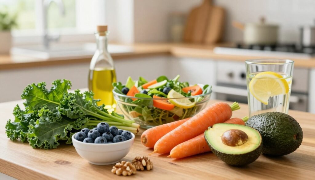 A vibrant and nutritious layout of foods beneficial for eye health, featuring fresh leafy greens like kale and spinach, bright orange carrots, juicy blueberries, and rich avocados, arranged harmoniously on a wooden table. In the foreground, include a small bowl of walnuts and a glass of water infused with lemon slices, emphasizing hydration. The middle ground showcases a colorful salad, lightly dressed with olive oil, hinting at a healthy meal preparation environment. In the background, a softly lit kitchen setting with sunlight streaming through a window, creating a warm and inviting atmosphere. The overall mood should be uplifting and wholesome, encouraging viewers to embrace a healthy diet for better vision. Focus on natural lighting, with a shallow depth of field to highlight the food while softly blurring the background.