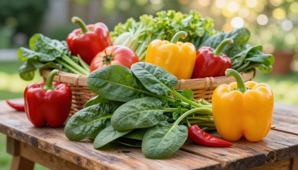 A vibrant, colorful composition showcasing fresh vegetables with a focus on spinach and bell peppers. In the foreground, a lush bunch of deep green spinach leaves intertwined with bright red and yellow bell peppers, arranged artistically. In the middle ground, a rustic wooden table or basket filled with a variety of other healthy fruits and vegetables, emphasizing a nutritious diet for eye health. The background features a softly blurred garden scene with dappled sunlight filtering through, creating a warm, inviting atmosphere. The image should have a natural light, evoking freshness and vitality, captured from a slightly elevated angle to provide depth and dimension. The overall mood should be lively and optimistic, reflecting the essence of healthy eating.