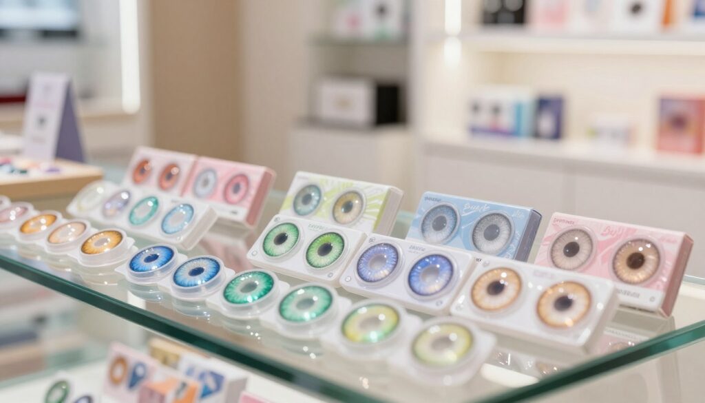 A vibrant display of colorful contact lenses in an elegant shop setting. In the foreground, a variety of lenses in shades of blue, green, and amber are arranged on a sleek glass counter, glimmering under soft, diffused lighting. In the middle, stylishly showcased, pairs of colored lenses come in artistic packaging, highlighting their unique features and diverse styles. The background features a modern store interior, with subtle hints of other accessories and eye care products on minimalist shelves, creating a welcoming atmosphere. The overall mood is lively and inviting, emphasizing the beauty and versatility of colored lenses, perfect for enhancing personal style. The image should be captured with a soft focus on the foreground to draw attention to the details of the lenses while maintaining a bright and cheerful overall ambiance.