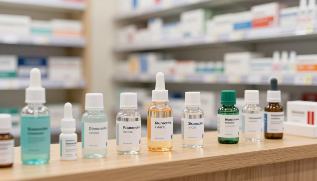 A visually appealing display of various eye drops arranged on a neat wooden pharmacy counter, showcasing a collection of sleek, translucent bottles in different sizes and shapes. In the foreground, focus on a few bottles labeled with elegant, simple designs, reflecting a sense of professionalism. The middle ground features soft lighting that creates a warm ambiance, illuminating the labels and showcasing the clarity of the solutions inside the bottles. In the background, blurred shelves filled with health and wellness products create depth without distracting from the eye drops. The atmosphere is calm and inviting, suggesting trust and comfort, ideal for conveying a message of everyday vision care. The color palette includes soothing blues and greens, enhancing the sense of tranquility and health.