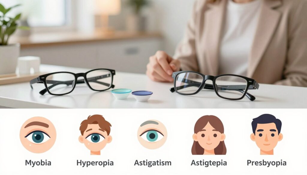 A visually appealing infographic depicting various eye conditions and their corrections. In the foreground, include detailed illustrations representing myopia, hyperopia, astigmatism, and presbyopia, each clearly labeled. The middle ground should show professional eye care tools like glasses and contact lenses, arranged neatly alongside a pair of modern eyeglasses on a minimalistic table. The background features an optometrist’s office with soft, warm lighting, showcasing a welcoming environment. Use a soft focus technique to create a calm atmosphere, emphasizing clarity and professionalism. Ensure all subjects are depicted in smart casual attire, maintaining a professional aesthetic. The overall mood should be educational and informative, demonstrating the journey of vision correction.
