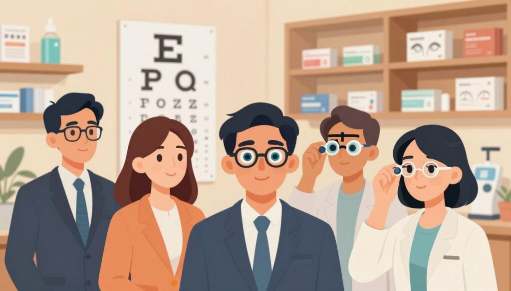 A visually engaging illustration depicting various methods of vision correction for eye conditions. In the foreground, showcase a diverse group of individuals wearing different types of eyewear: stylish glasses, contact lenses, and an individual undergoing laser eye surgery, all dressed in professional attire. The middle ground features eye charts and a variety of common corrective instruments like phoropters and lens testers, conveying a clinical setting. The background consists of a softly lit optometrist's office, with shelves displaying eye care products and educational posters about diopters. Use warm, inviting lighting to create a reassuring atmosphere, emphasizing the importance of clear vision and the accessibility of corrective options. The angle should be slightly tilted to add depth and perspective to the scene.