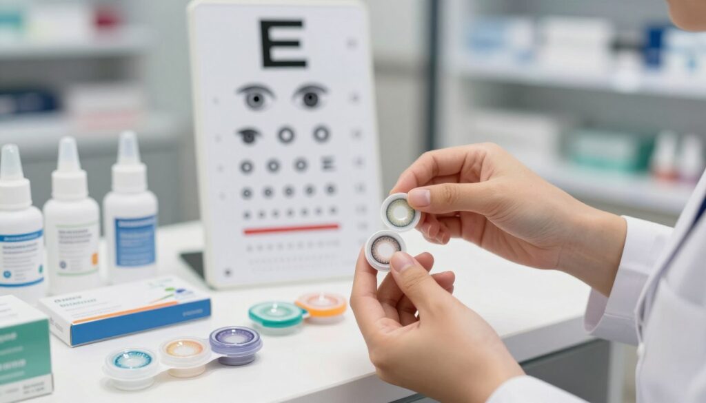 A visually engaging image showcasing various types of contact lenses categorized by replacement schedule and lifestyle compatibility. In the foreground, display an assortment of contact lenses in different designs and colors, some in their packaging, while others are being gently held by a pair of hands in professional attire. The middle section should feature an elegant eye chart with silhouettes of eyes wearing lenses, highlighting the diversity in lens types. In the background, softly blurred shelves of eye care products, including lens solution and eye drops, create a professional retail atmosphere. Use soft, diffused lighting to enhance the clarity of the lenses and convey a mood of professionalism and trust in eye care. The angle should provide a dynamic view, focusing on the lenses while keeping the background elements subtly present.