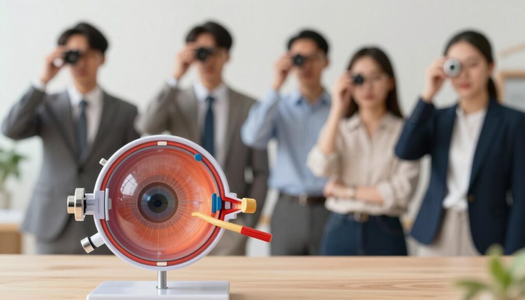 A visually informative illustration depicting the types of hyperopia (farsightedness) and the underlying mechanisms of this visual impairment. In the foreground, feature a detailed anatomical eye model to highlight its structure, showcasing the cornea, lens, and retina. In the middle ground, present a diverse group of individuals, both male and female, dressed in professional business attire, each engaged in activities that emphasize their vision challenges. The background should include soft, blurred images of objects at various distances, symbolizing the concept of hyperopia. Use soft, natural lighting to create a calm atmosphere, with a slightly elevated perspective to enhance depth and clarity. The overall mood should be educational and approachable, inviting viewers to understand the nuances of this common visual condition.