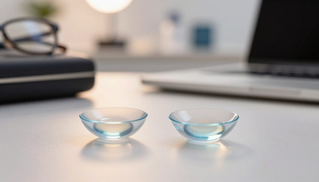 A visually striking composition showcasing daily contact lenses (soczewki jednodniowe) designed for astigmatism. In the foreground, a pair of translucent, spherical contact lenses rests on a soft, reflective surface, catching ambient light to create a soft glow. In the middle, a close-up view of the lenses reveals intricate designs and technology tailored to provide comfort and clarity for users. The background features a blurred, soothing environment, hinting at an optometry office with gentle lighting to convey trust and professionalism. Include subtle hints of lifestyle elements like a stylish glasses case and a laptop, symbolizing modern living. The overall mood is informative yet inviting, emphasizing the importance of proper lens selection for active lifestyles.