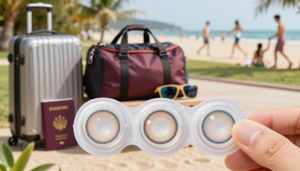 A visually striking composition showcasing monthly contact lenses in various contexts. In the foreground, a close-up of a hand holding a blister pack of monthly contact lenses, glimmering under soft, diffused daylight. The middle layer features a travel scene with a stylish luggage, a sports bag, and a travel passport, symbolizing adventure, alongside a pair of sporty sunglasses. In the background, a serene outdoor setting depicts a park or beach where people are engaging in light sports activities or enjoying leisure moments. The atmosphere is cheerful and vibrant, with warm lighting creating an inviting mood. Capture a sense of practicality and usability, emphasizing the everyday versatility of monthly contact lenses.