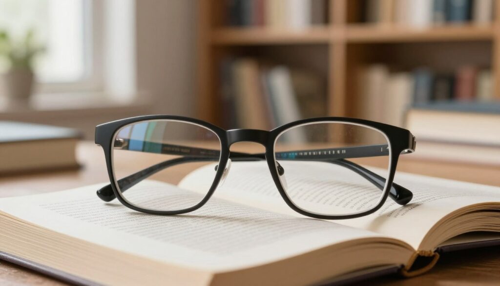 A visually striking illustration of myopia, depicted through a close-up of a pair of glasses resting on an open book, with a blurred background showcasing a cozy study environment. The foreground features the glasses in sharp focus, reflecting the text from the pages of the book, symbolizing clarity through correction. In the middle ground, soft lighting filters through a nearby window, casting gentle shadows and enhancing the warm, scholarly atmosphere. The background includes shelves filled with books and a potted plant, creating a calm and inviting setting. The mood is educational and reflective, emphasizing the importance of understanding refractive errors and the role of corrective lenses. A visually striking illustration of myopia, depicted through a close-up of a pair of glasses resting on an open book, with a blurred background showcasing a cozy study environment. The foreground features the glasses in sharp focus, reflecting the text from the pages of the book, symbolizing clarity through correction. In the middle ground, soft lighting filters through a nearby window, casting gentle shadows and enhancing the warm, scholarly atmosphere. The background includes shelves filled with books and a potted plant, creating a calm and inviting setting. The mood is educational and reflective, emphasizing the importance of understanding refractive errors and the role of corrective lenses.