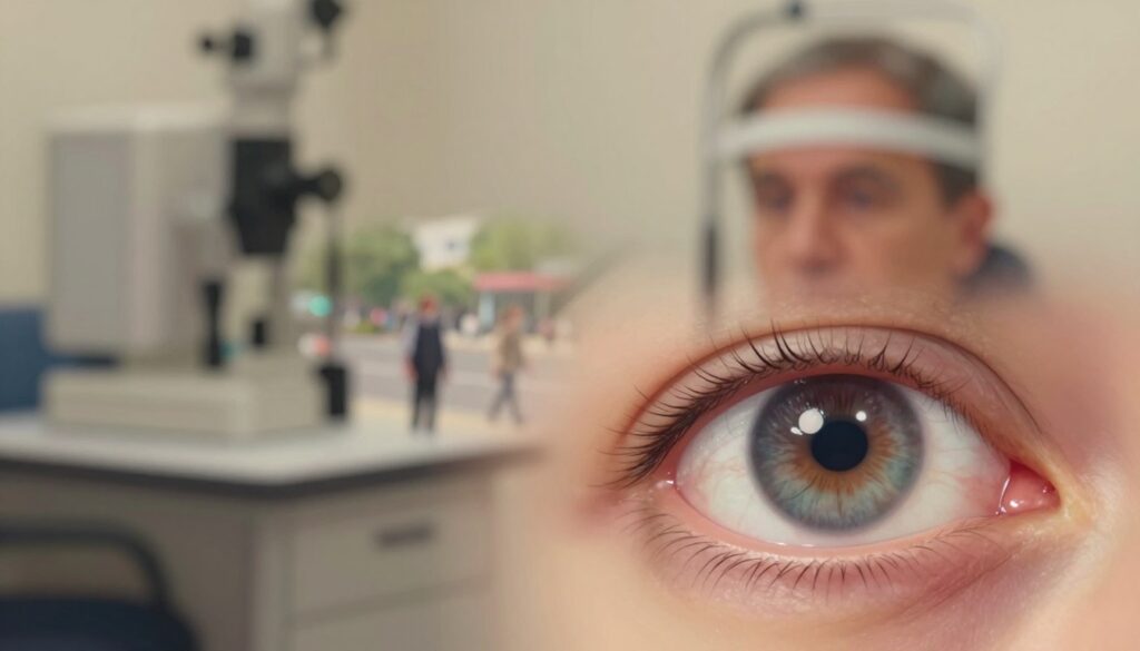 A visually striking illustration representing various eye diseases that alter vision beyond typical refractive errors. In the foreground, a close-up of an eye with a noticeable cataract, showcasing a cloudy lens. In the middle ground, blurred images of everyday scenes, such as a street and people walking, reflecting the distortion caused by macular degeneration. The background features a soft-focus depiction of an eye examination room, with medical equipment dimly lit, indicating a clinical atmosphere. Use warm, diffused lighting to evoke a sense of concern and curiosity. Capture the mood of both challenges and hope for better vision. The composition should be serene yet thought-provoking, emphasizing the complexities of visual impairments without any human subjects or text overlays. A visually striking illustration representing various eye diseases that alter vision beyond typical refractive errors. In the foreground, a close-up of an eye with a noticeable cataract, showcasing a cloudy lens. In the middle ground, blurred images of everyday scenes, such as a street and people walking, reflecting the distortion caused by macular degeneration. The background features a soft-focus depiction of an eye examination room, with medical equipment dimly lit, indicating a clinical atmosphere. Use warm, diffused lighting to evoke a sense of concern and curiosity. Capture the mood of both challenges and hope for better vision. The composition should be serene yet thought-provoking, emphasizing the complexities of visual impairments without any human subjects or text overlays.