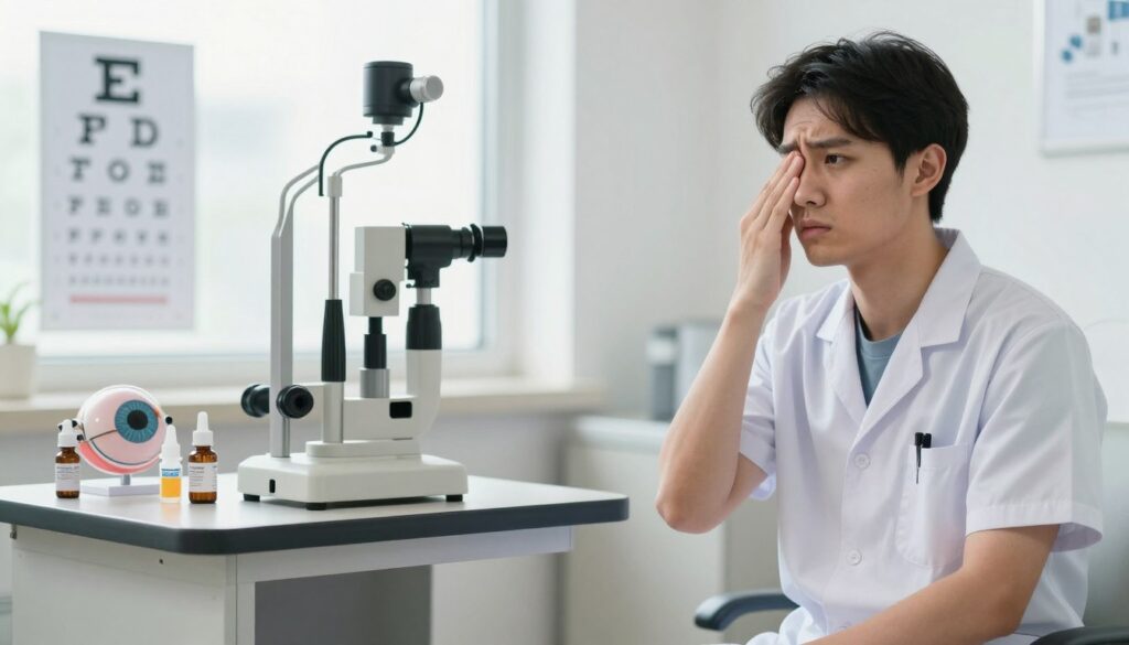 A visually striking image depicting a doctor's office setting, focused on a medical professional analyzing a patient's eye condition. In the foreground, a young adult wearing professional attire sits on an examination table, displaying a concerned expression while covering one eye with a hand. In the middle ground, a well-equipped eye examination area features diagnostic tools like an ophthalmoscope and visual acuity charts, hinting at the seriousness of the situation. The background shows soft, natural lighting streaming through a window, creating a calm yet urgent atmosphere. Include hints of medical professionalism, with bottles of prescription eye drops and anatomical eye models subtly placed around the room, underlining the theme of systemic disease signaling through sudden vision impairment. A visually striking image depicting a doctor's office setting, focused on a medical professional analyzing a patient's eye condition. In the foreground, a young adult wearing professional attire sits on an examination table, displaying a concerned expression while covering one eye with a hand. In the middle ground, a well-equipped eye examination area features diagnostic tools like an ophthalmoscope and visual acuity charts, hinting at the seriousness of the situation. The background shows soft, natural lighting streaming through a window, creating a calm yet urgent atmosphere. Include hints of medical professionalism, with bottles of prescription eye drops and anatomical eye models subtly placed around the room, underlining the theme of systemic disease signaling through sudden vision impairment.
