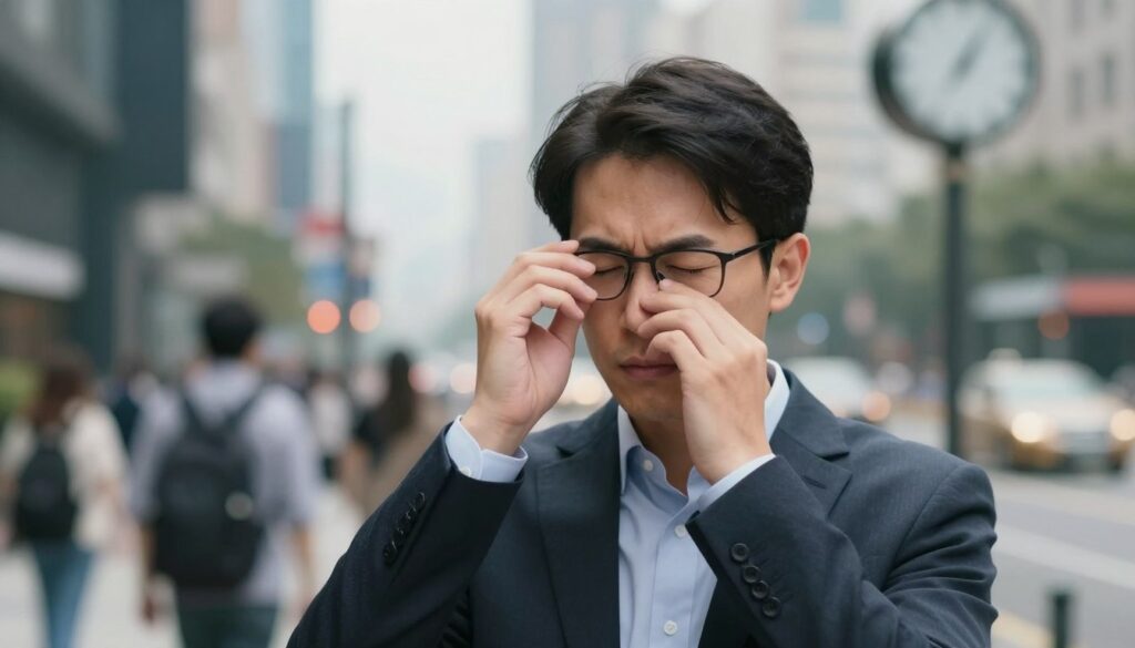 A visually striking image of a person with a mild form of myopia, depicted as they navigate daily life. In the foreground, a focused individual wearing professional business attire is seen squinting slightly at a distant object, like a street sign or a clock. In the middle ground, add a bustling urban environment with blurred elements representing the challenges of seeing clearly at distance. The background features a vibrant cityscape with soft, atmospheric lighting that enhances the sense of vision clarity and distortion. Use a slightly shallow depth of field to create a clear focus on the person while blurring the background. Capture a thoughtful mood, illustrating the impact of myopia on everyday experiences, such as reading or recognizing faces at a distance, all while maintaining a realistic, professional aesthetic.