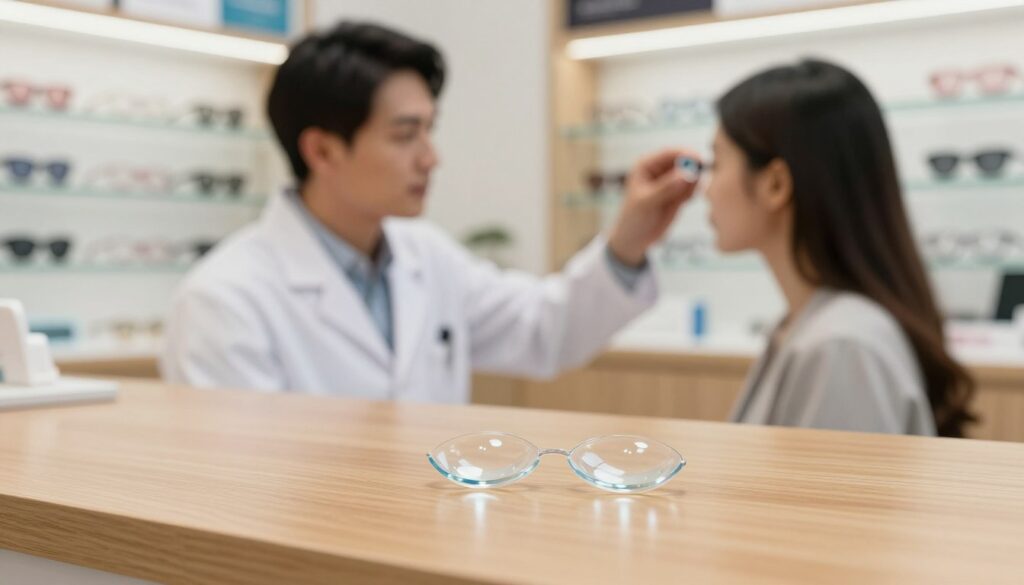 A visually striking image of contact lenses designed specifically for astigmatism, displayed in a well-lit optical shop. In the foreground, a pair of clear, innovative astigmatic lenses resting on a polished wooden counter, reflecting soft natural light. In the middle, an optometrist, a professional in a white lab coat, demonstrates the lenses to a patient, capturing an interaction filled with trust and reassurance. The background features shelves filled with various lens types and eyewear, softly blurred to emphasize the lenses in focus. The atmosphere is calm and informative, highlighting the accessibility of contact lenses for those with astigmatism, inviting curiosity and understanding. A visually striking image of contact lenses designed specifically for astigmatism, displayed in a well-lit optical shop. In the foreground, a pair of clear, innovative astigmatic lenses resting on a polished wooden counter, reflecting soft natural light. In the middle, an optometrist, a professional in a white lab coat, demonstrates the lenses to a patient, capturing an interaction filled with trust and reassurance. The background features shelves filled with various lens types and eyewear, softly blurred to emphasize the lenses in focus. The atmosphere is calm and informative, highlighting the accessibility of contact lenses for those with astigmatism, inviting curiosity and understanding.
