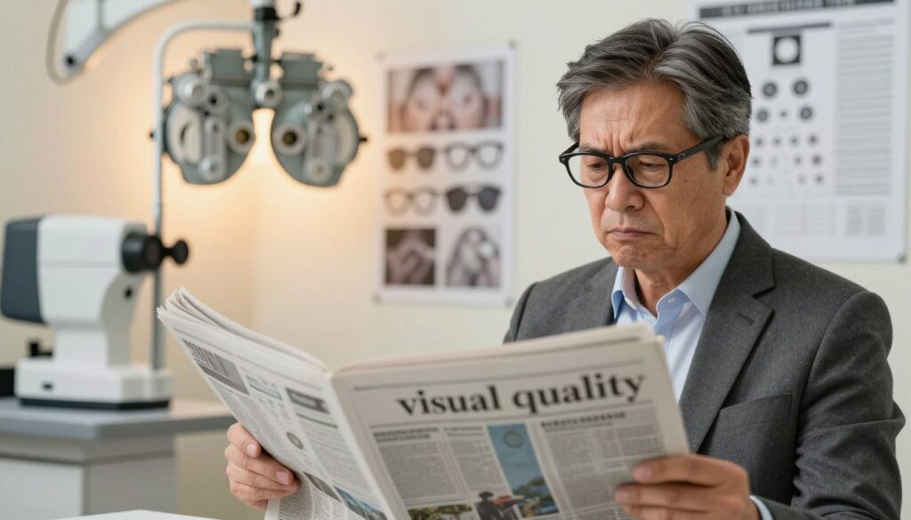 A visually striking representation of "visual quality" in a clinical setting. In the foreground, a middle-aged person wearing professional business attire is focused on reading a newspaper, showcasing the challenges of high visual impairments. Their face expresses subtle frustration, highlighting the impact on daily life. The middle ground features various visual aids such as glasses, magnifying devices, and charts depicting blurry vs. clear images. In the background, a softly lit eye examination room equipped with advanced diagnostic equipment casts a warm, inviting atmosphere. The scene is illuminated with soft, natural lighting, emphasizing clarity amidst the uncertainty of vision challenges. The overall mood reflects a blend of determination and contemplation, capturing the essence of navigating significant visual impairments. A visually striking representation of "visual quality" in a clinical setting. In the foreground, a middle-aged person wearing professional business attire is focused on reading a newspaper, showcasing the challenges of high visual impairments. Their face expresses subtle frustration, highlighting the impact on daily life. The middle ground features various visual aids such as glasses, magnifying devices, and charts depicting blurry vs. clear images. In the background, a softly lit eye examination room equipped with advanced diagnostic equipment casts a warm, inviting atmosphere. The scene is illuminated with soft, natural lighting, emphasizing clarity amidst the uncertainty of vision challenges. The overall mood reflects a blend of determination and contemplation, capturing the essence of navigating significant visual impairments.