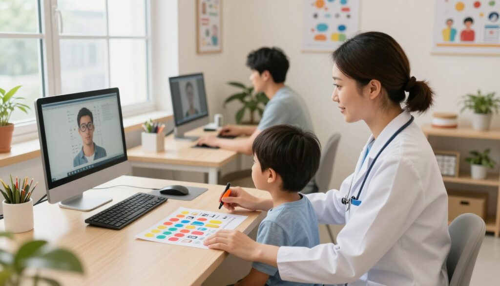 A warm and inviting vision therapy center focusing on vision rehabilitation for both children and adults. In the foreground, a caring therapist in professional attire is guiding a young child through a vision exercise using colorful interactive tools, such as visual charts and tactile games. To the side, an adult patient engages with a computer program designed for vision training. In the background, soft, natural light streams through large windows, illuminating the room filled with educational posters and friendly decor. The atmosphere is supportive and encouraging, conveying a sense of hope and progress. The image should have a cozy, well-lit ambiance, captured from a slightly elevated angle to showcase the collaborative environment. A warm and inviting vision therapy center focusing on vision rehabilitation for both children and adults. In the foreground, a caring therapist in professional attire is guiding a young child through a vision exercise using colorful interactive tools, such as visual charts and tactile games. To the side, an adult patient engages with a computer program designed for vision training. In the background, soft, natural light streams through large windows, illuminating the room filled with educational posters and friendly decor. The atmosphere is supportive and encouraging, conveying a sense of hope and progress. The image should have a cozy, well-lit ambiance, captured from a slightly elevated angle to showcase the collaborative environment.