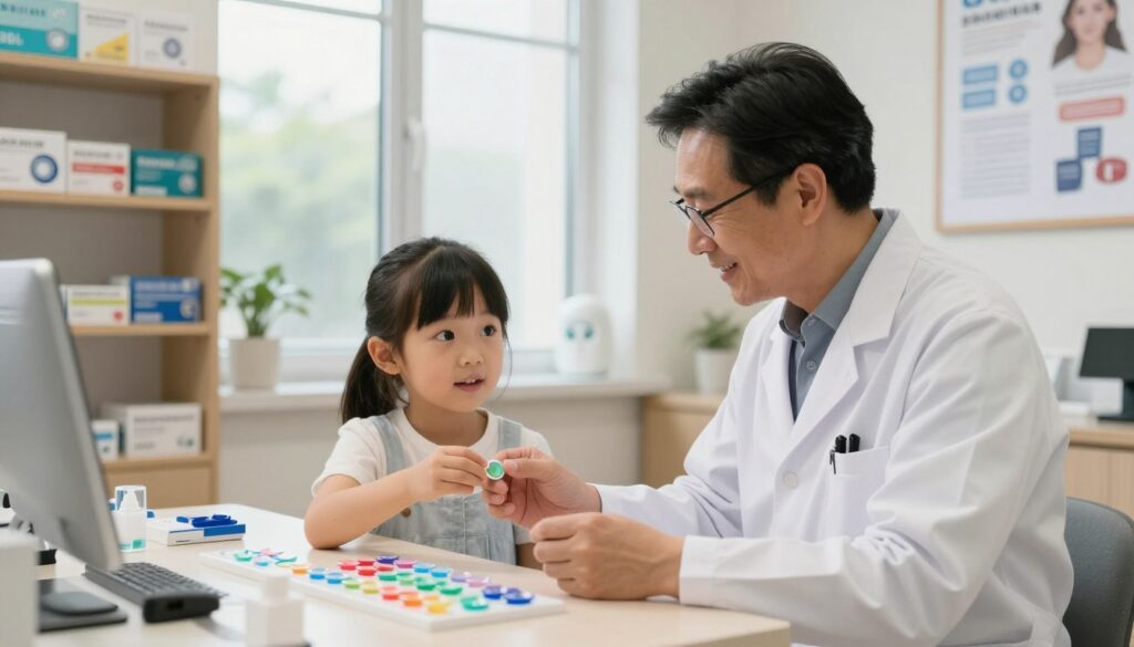 A warm, inviting optometry office setting. In the foreground, a friendly, professional optometrist wearing a white lab coat attentively examines an array of colorful contact lenses laid out on a desk. The optometrist, a middle-aged individual with glasses, is guiding a child, who looks curious yet engaged, on how to pick out their first pair of contact lenses. In the middle ground, shelves lined with eye care products, along with a large window allowing soft, natural light to filter in, creating an optimistic and reassuring atmosphere. The background features informative posters about eye health and the benefits of contact lenses for kids, enhancing the educational context of the scene. The lighting is soft and bright, emphasizing the importance of comfort and safety in lens selection. A warm, inviting optometry office setting. In the foreground, a friendly, professional optometrist wearing a white lab coat attentively examines an array of colorful contact lenses laid out on a desk. The optometrist, a middle-aged individual with glasses, is guiding a child, who looks curious yet engaged, on how to pick out their first pair of contact lenses. In the middle ground, shelves lined with eye care products, along with a large window allowing soft, natural light to filter in, creating an optimistic and reassuring atmosphere. The background features informative posters about eye health and the benefits of contact lenses for kids, enhancing the educational context of the scene. The lighting is soft and bright, emphasizing the importance of comfort and safety in lens selection.