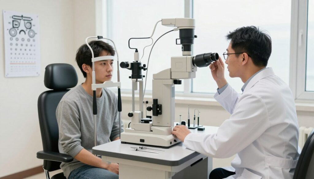 A well-lit ophthalmology examination room featuring a detailed eye examination setup. In the foreground, a professional-looking optometrist, wearing a white coat and glasses, is adjusting a phoropter for a patient. The patient, a young adult in modest casual attire, sits in a comfortable examination chair, looking calmly at an eye chart on the wall. In the middle, a slit lamp is positioned on a table, casting soft shadows, while various eye care instruments are organized neatly on a nearby counter. The background shows a large window with natural light streaming in, creating a bright and welcoming atmosphere. The overall mood conveys professionalism and thoroughness in ocular testing, ideal for a military medical examination setting.