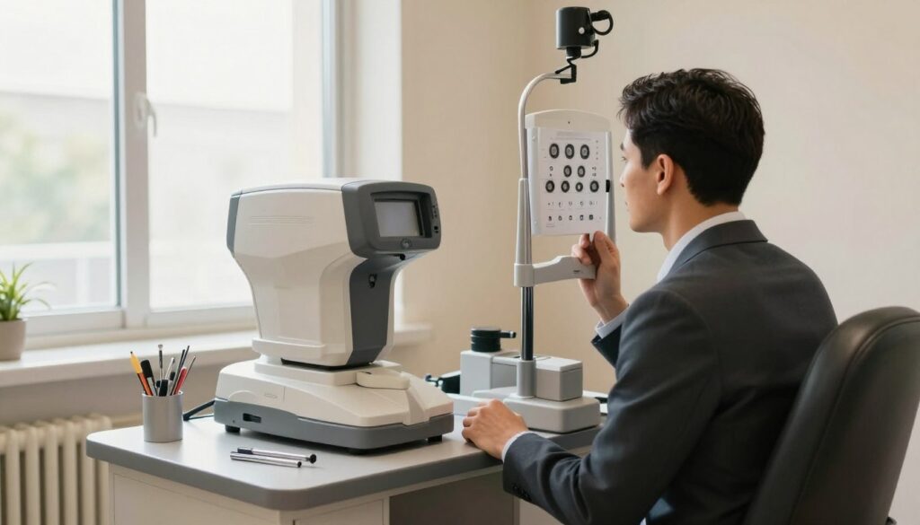 A well-lit optometrist's office, featuring a modern eye examination setup. In the foreground, a focused patient in professional business attire sits at an eye exam chair, looking attentively at an eye chart. The middle section includes a sleek optometry machine and various eye examination tools neatly arranged on a countertop. A large window in the background reveals soft natural light filtering through, creating a calm and inviting atmosphere. The walls are painted in soft, neutral colors, enhancing the sense of professionalism and comfort. The composition captures a moment of preparation, conveying the importance of readiness for an eye examination, with a warm color palette and soft shadows to evoke a reassuring mood. A well-lit optometrist's office, featuring a modern eye examination setup. In the foreground, a focused patient in professional business attire sits at an eye exam chair, looking attentively at an eye chart. The middle section includes a sleek optometry machine and various eye examination tools neatly arranged on a countertop. A large window in the background reveals soft natural light filtering through, creating a calm and inviting atmosphere. The walls are painted in soft, neutral colors, enhancing the sense of professionalism and comfort. The composition captures a moment of preparation, conveying the importance of readiness for an eye examination, with a warm color palette and soft shadows to evoke a reassuring mood.