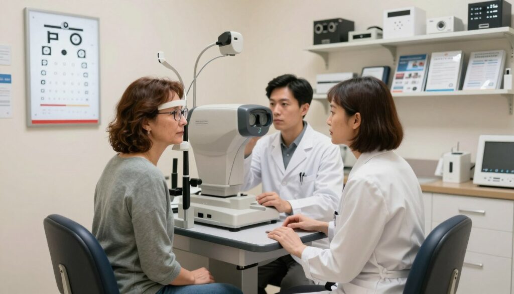 A well-lit optometry clinic interior featuring an eye examination setup. In the foreground, a middle-aged woman with glasses is seated in a comfortable chair, attentively looking at an eye chart on the wall. She is dressed in modest casual clothing, conveying a relaxed but professional atmosphere. In the middle ground, an eye care professional, wearing a lab coat, is adjusting an advanced eye examination machine, showing focus and expertise. The background includes neatly organized shelves with eye care equipment and informational brochures about vision health. Soft, natural lighting enhances the scene, creating a welcoming environment that emphasizes the importance of regular eye screenings and vision awareness. A well-lit optometry clinic interior featuring an eye examination setup. In the foreground, a middle-aged woman with glasses is seated in a comfortable chair, attentively looking at an eye chart on the wall. She is dressed in modest casual clothing, conveying a relaxed but professional atmosphere. In the middle ground, an eye care professional, wearing a lab coat, is adjusting an advanced eye examination machine, showing focus and expertise. The background includes neatly organized shelves with eye care equipment and informational brochures about vision health. Soft, natural lighting enhances the scene, creating a welcoming environment that emphasizes the importance of regular eye screenings and vision awareness.