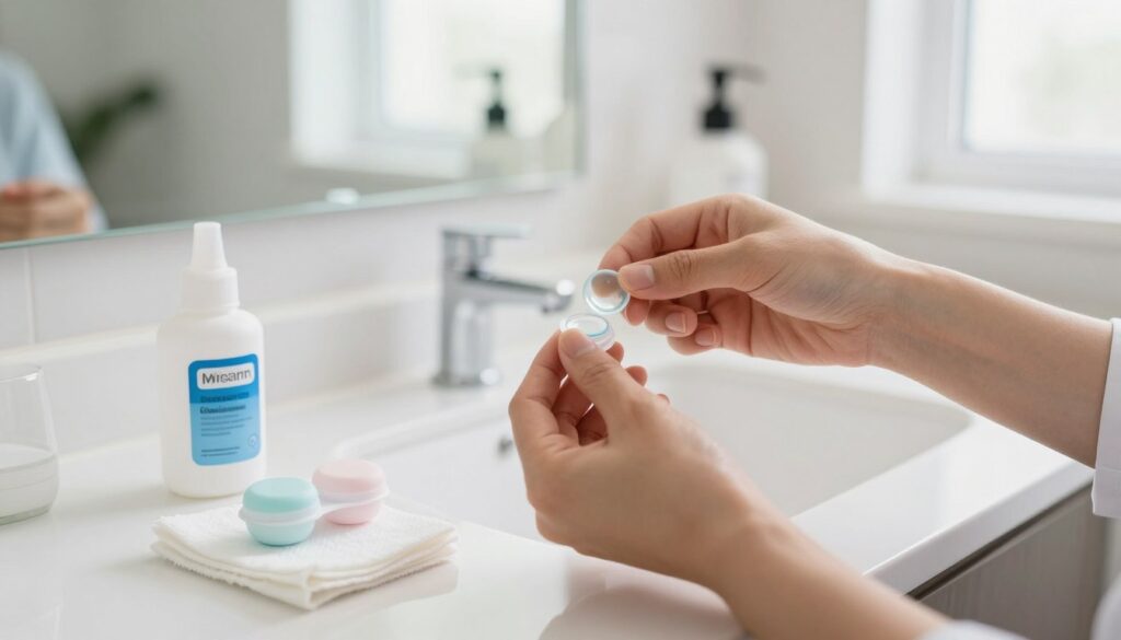 A well-organized scene illustrating the proper hygiene practices for contact lenses and eye care accessories. In the foreground, focus on a clean, well-lit bathroom countertop with a bottle of contact lens solution, a lens case, and a soft microfiber cloth neatly arranged. The middle section features a pair of hands—depicted in modest casual attire—carefully cleaning a contact lens, emphasizing attention to detail and hygiene. In the background, a mirror reflects a bright, airy bathroom setting with soft natural light streaming in from a window, creating a fresh and inviting atmosphere. The overall mood conveys cleanliness, professionalism, and a sense of responsible eye care practices.