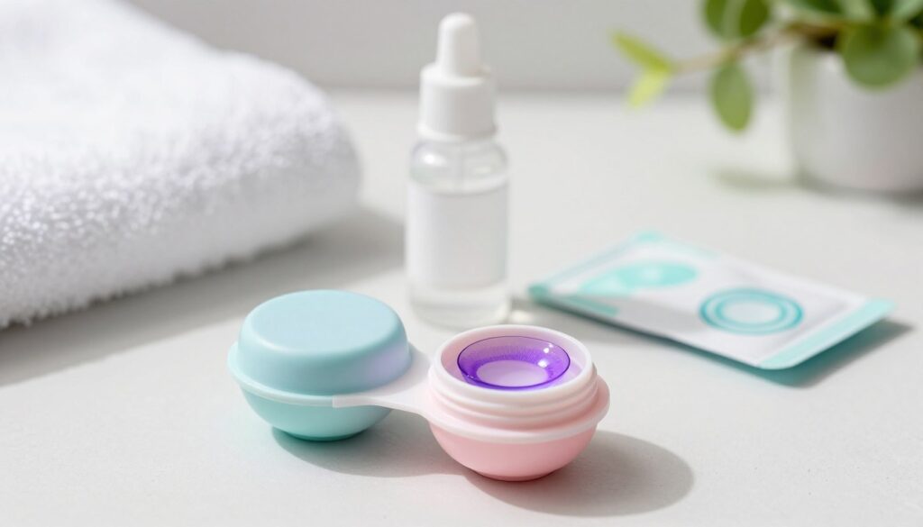 A well-organized, visually appealing scene depicting contact lens storage. In the foreground, a sleek, modern contact lens case in soft pastel colors, open to reveal a pair of vibrant purple lenses nestled inside. The middle ground features a small, stylish bottle of contact lens solution, with a few lens cleaning wipes neatly arranged beside it. Soft, natural light illuminates the scene, highlighting the delicate textures of the lenses and the case. In the background, a blurred image of a serene bathroom setting with soft white towels and gentle greenery, creating a calm and hygienic atmosphere. The overall mood conveys care and comfort in lens maintenance, emphasizing both functionality and style.