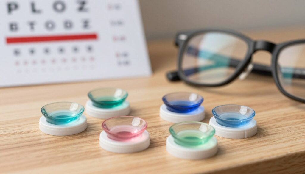 a detailed close-up of various prescription contact lenses displayed on a polished wooden surface, capturing the different designs and colors of the lenses, with gentle sunlight illuminating the scene, creating a warm and inviting atmosphere. In the background, a blurred vision chart is subtly visible, hinting at the importance of eye care and selecting the right lenses. A pair of modern eyeglasses rests beside the lenses, symbolizing the connection between eye health and vision correction. The composition should evoke professionalism and care, suggesting a meticulous approach to eye health and hygiene, while maintaining a clean and focused look without any text or distractions.